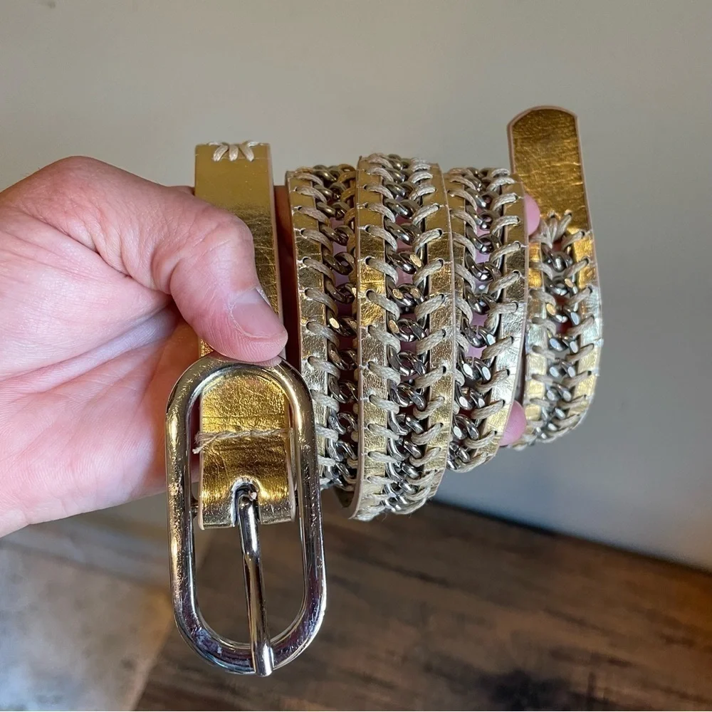 Nine West Metallic Gold Tone  Synthetic Leather Chain Belt M